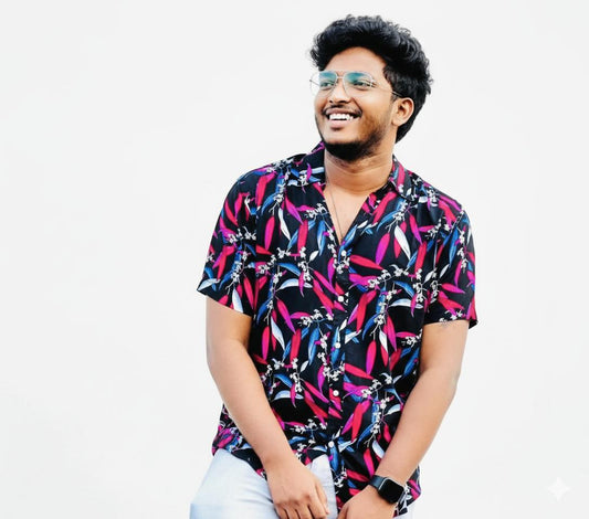 Men’s Premium Tropical Leaf Print Casual Shirt – Black & Pink