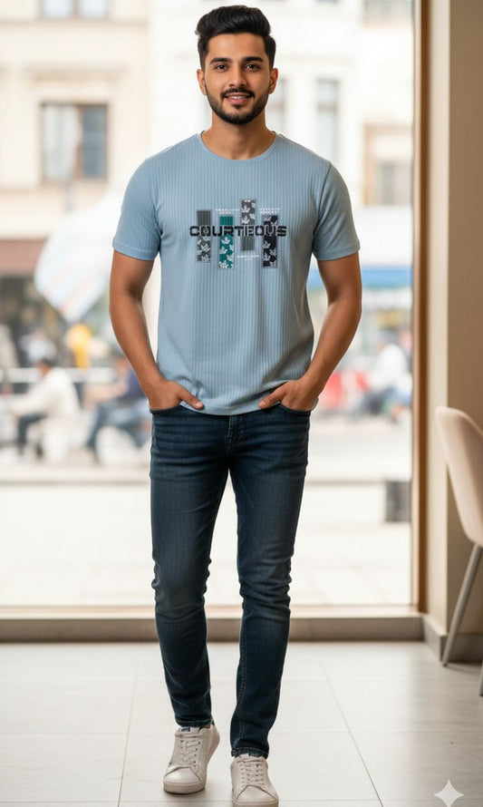 Men’s Sky Blue Ribbed Knit Graphic T-Shirt – "COURTEOUS" Urban Print