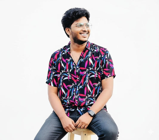 Men’s Premium Tropical Leaf Print Casual Shirt – Black & Pink