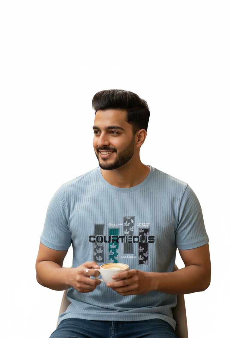 Men’s Sky Blue Ribbed Knit Graphic T-Shirt – "COURTEOUS" Urban Print