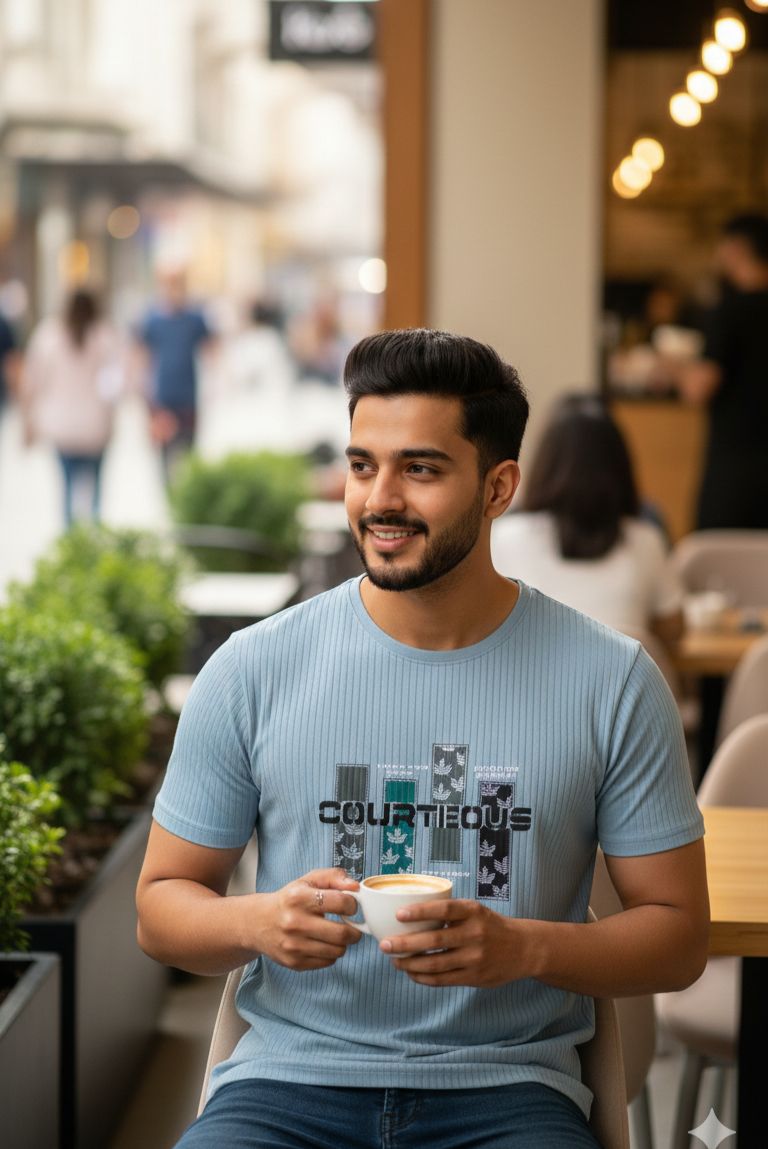 Men’s Sky Blue Ribbed Knit Graphic T-Shirt – "COURTEOUS" Urban Print